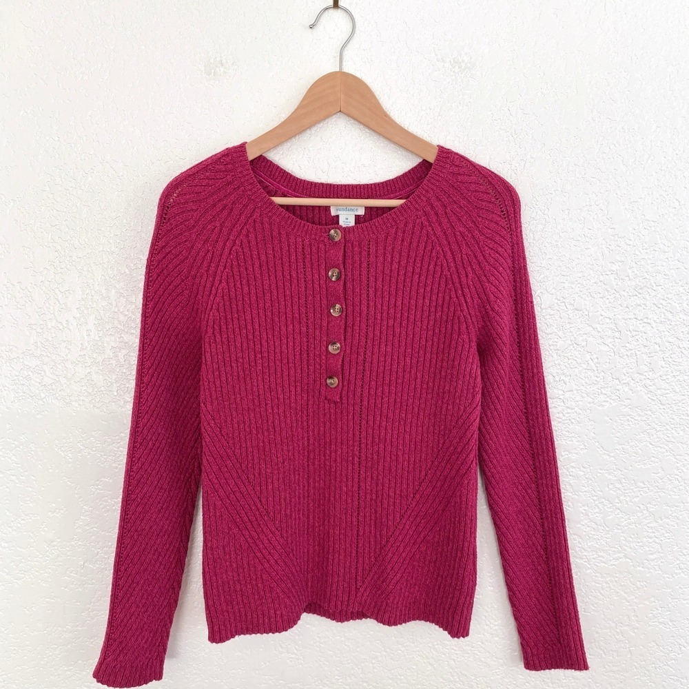 Sundance Birdie Henley Knit Sweater Berry Pink Ribbed Button Neck Medium